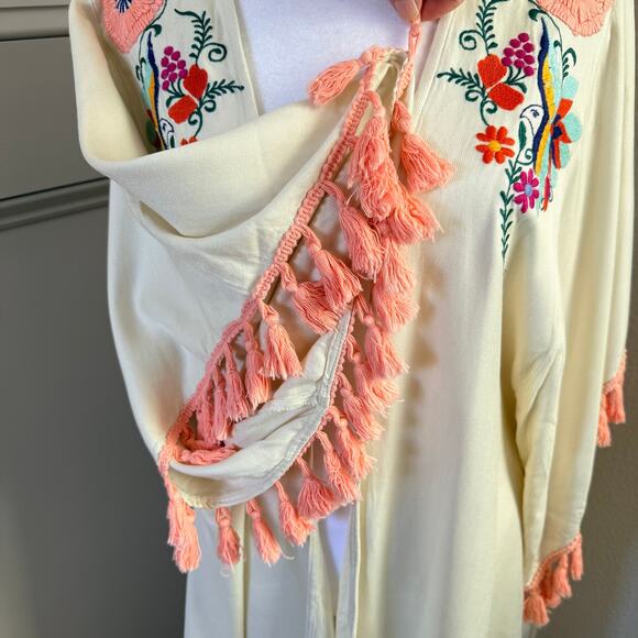 Judith March Womens Size L Boho Festival Long Kimono Embroided Birds Fringe - Picture 3 of 5
